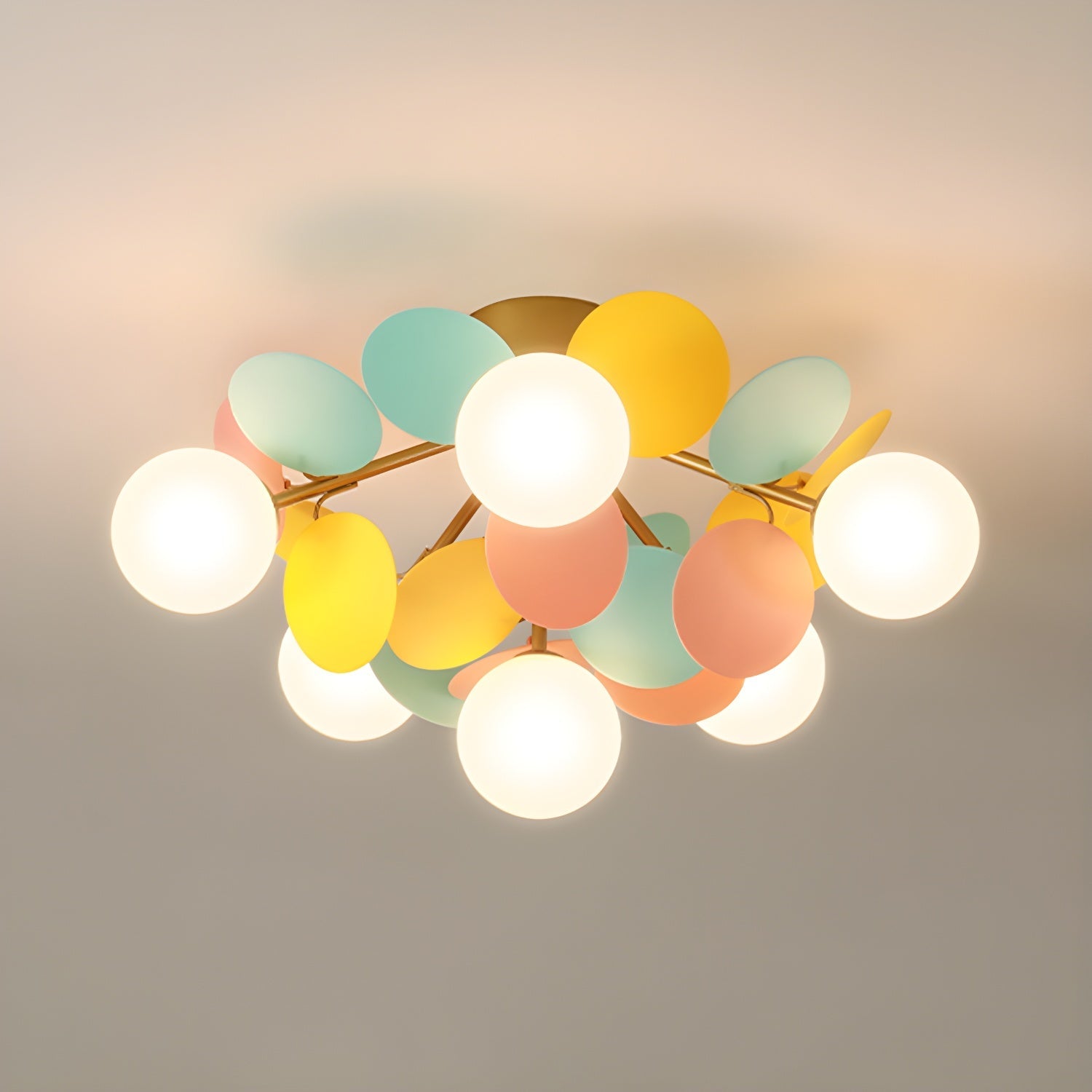 Ronde Plafondlamp met Acryl Bladeren – Macaron Pastelkleuren – 1, 4, 6 of 8 Lichtpunten – G9 Fitting – Scandinavisch Design voor Kinderkamer, Woonkamer en Kantoor | Sansoti