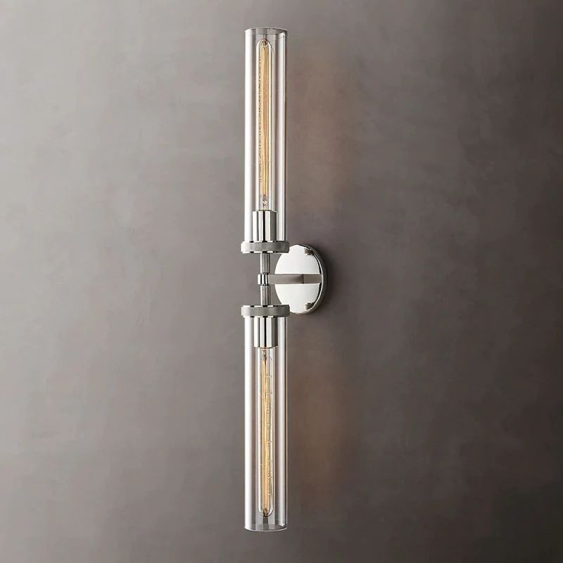 Applique murale industrielle linéaire avec détails hexagonaux, métal, verre, laiton, noir, nickel, éclairage pour le salon | Sansoti