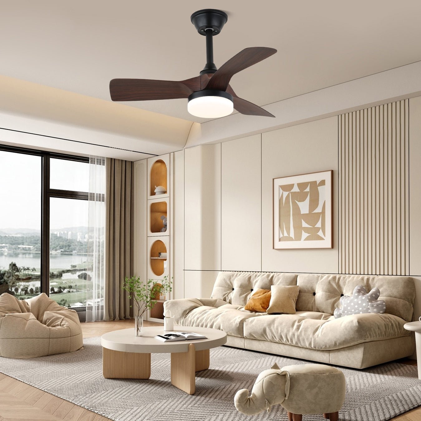 Ventilateur de plafond minimaliste Orlen avec aspect bois et éclairage 81 cm | Ventilateur de plafond scandinave avec lampe | Télécommande 6 vitesses | Ventilateur de plafond design nordique | Sansoti