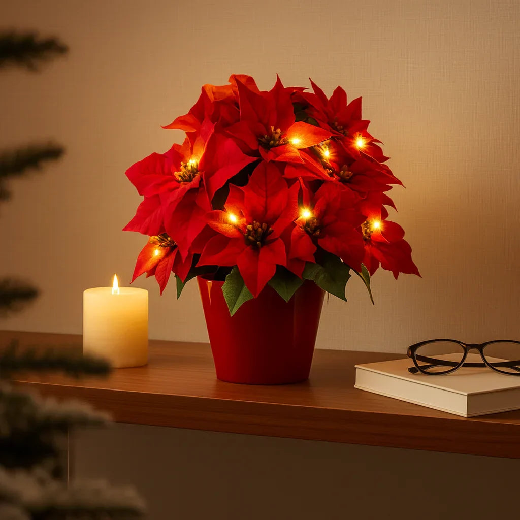 LED Blossom Light Warm White Artificial Plant Table Lamp with Decorative Red Flowers 30cm | Sansoti