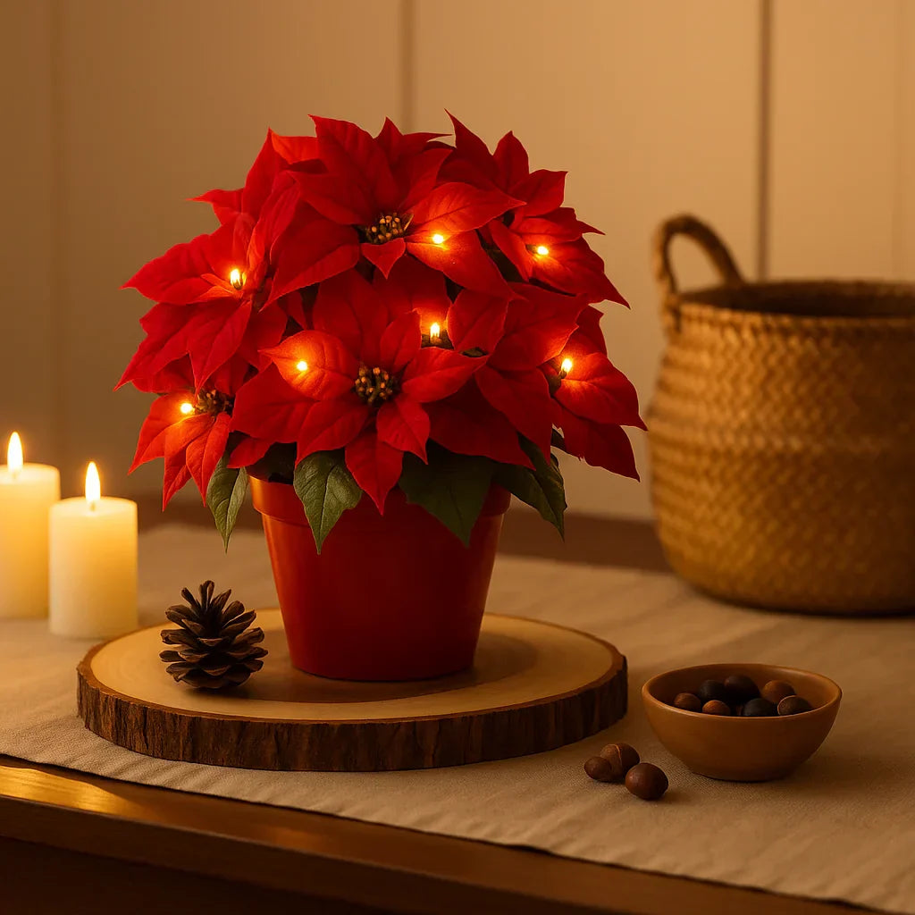 LED Blossom Light Warm White Artificial Plant Table Lamp with Decorative Red Flowers 30cm | Sansoti