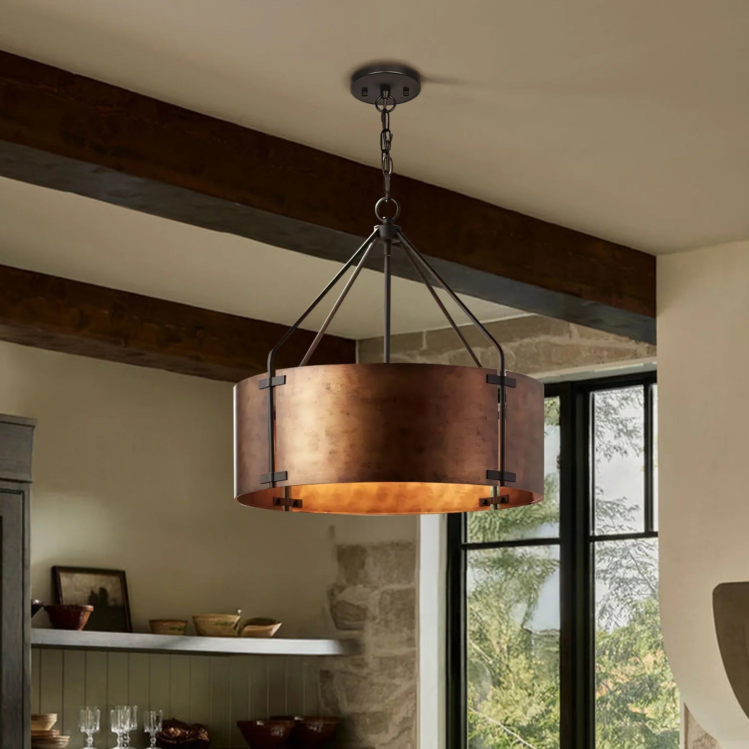 Industriële Hanglamp Trommel Roest Brons Metalen Kap 4 Lichtpunten Vintage Design Keukeneiland Eettafel Eetkamer | Sansoti