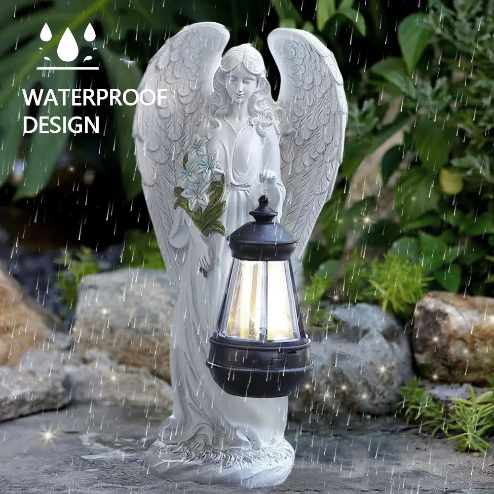 Statue d'Ange Jardin Énergie Solaire LED Lanterne 31cm Résine Automatique Extérieur Jardin Terrasse Patio Lampe d'Ambiance Étanche Blanc | Restfield