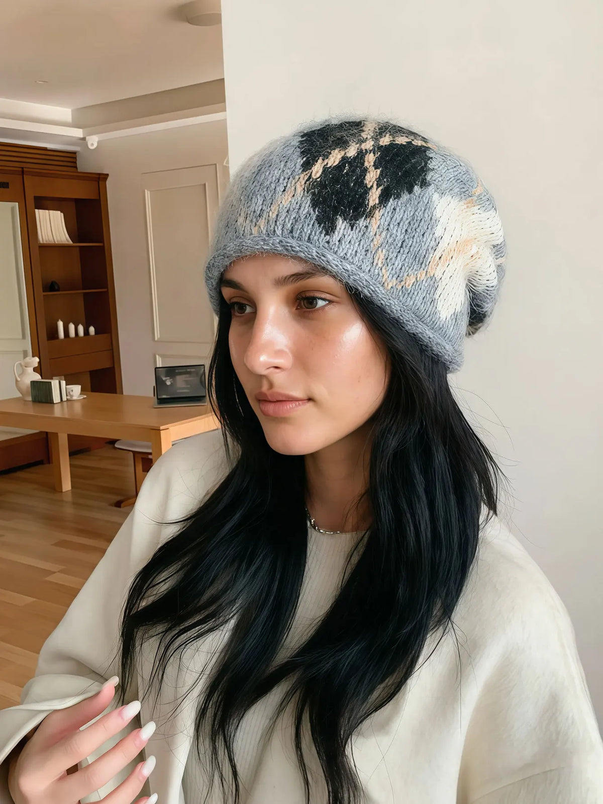 Knitted Hat with Ear Flaps Plaid Pattern Unisex Winter Hat Warm Retro Diamond Plaid Wool Headwear Winter | Sansoti