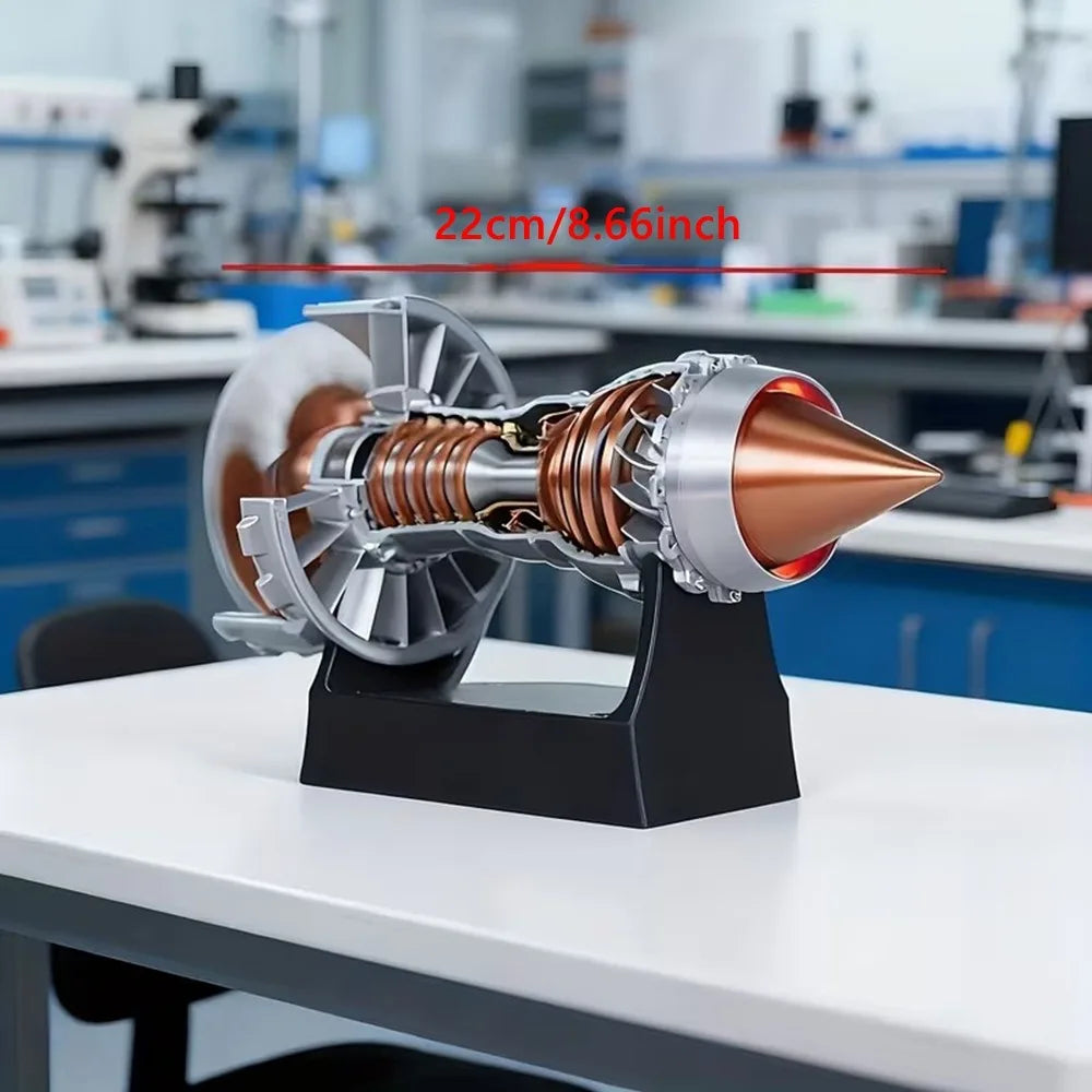 Detailed turbofan jet engine model 3D-printed on a black stand, aviation gift display for the office | Sansoti