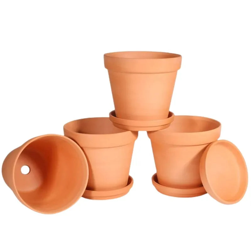 Lot de 4 pots de fleurs en terre cuite de 10 cm avec soucoupe et trou de drainage, poterie décorative pour l’intérieur et l’extérieur | Sansoti