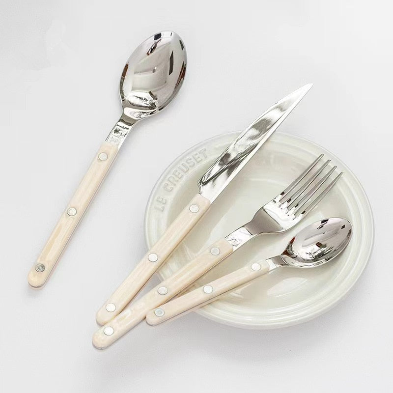 Set de couverts 24 pièces en acier inoxydable avec manche coloré, style bistrot, pour 6 personnes, table de salle à manger, vaisselle et dîner | Sansoti