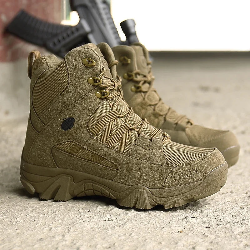 High-Top Men's Hiking Shoes Waterproof Canvas Outdoor Boots Platform Sole Split Leather Climbing Shoes Outdoor | Sansoti