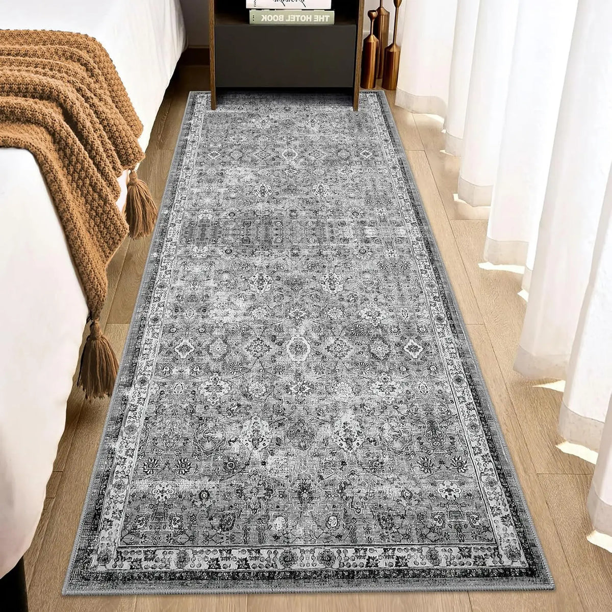 Tapis vintage à poils courts antidérapant lavable gris beige vert style bohème, chemin de tapis pour entrée, chambre et cuisine | Sansoti