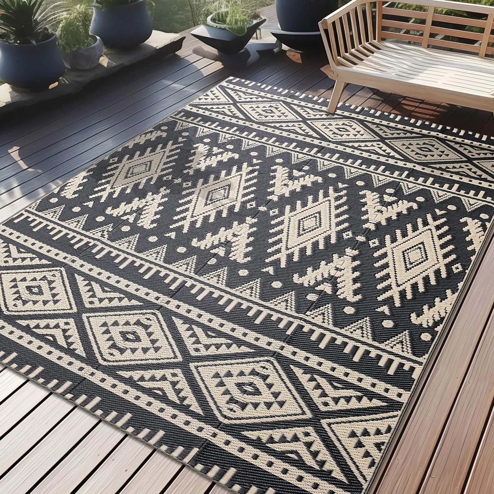 Buitenkleed Gevlochten Plastic Zwart Wit Bohemian Omkeerbaar Terrakleed Campingmat Tuinkleed | Sansoti