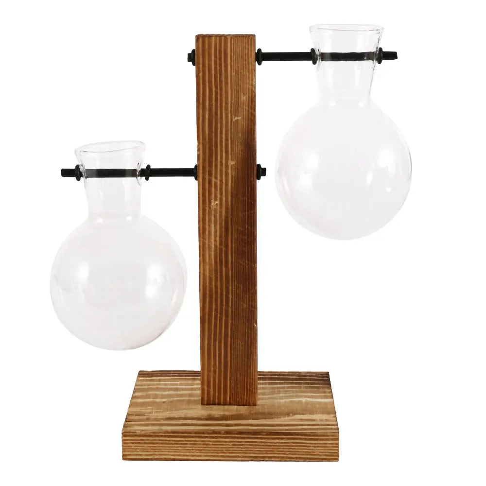 Glazen Vaas op Houten Standaard Decoratief Retro Hydroponics Plantenpot Transparant Glas Sfeeraccent voor Bloemen en Stekjes | Sansoti