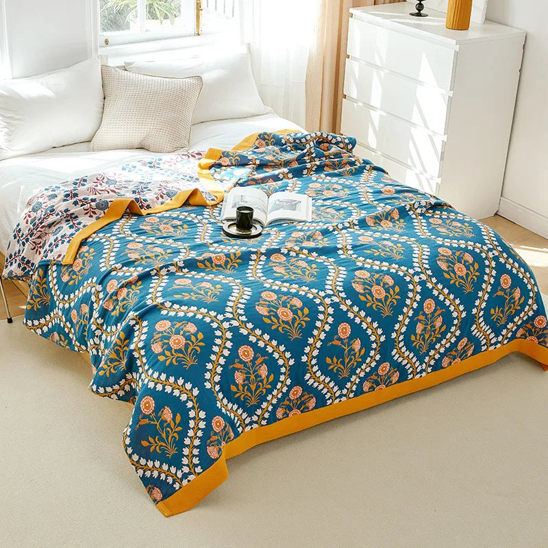 Baumwoll-Sommerdecke, garngefärbt, mit Blumenmuster, für Doppelbett, Landhausstil, leicht und atmungsaktiv | Sansoti