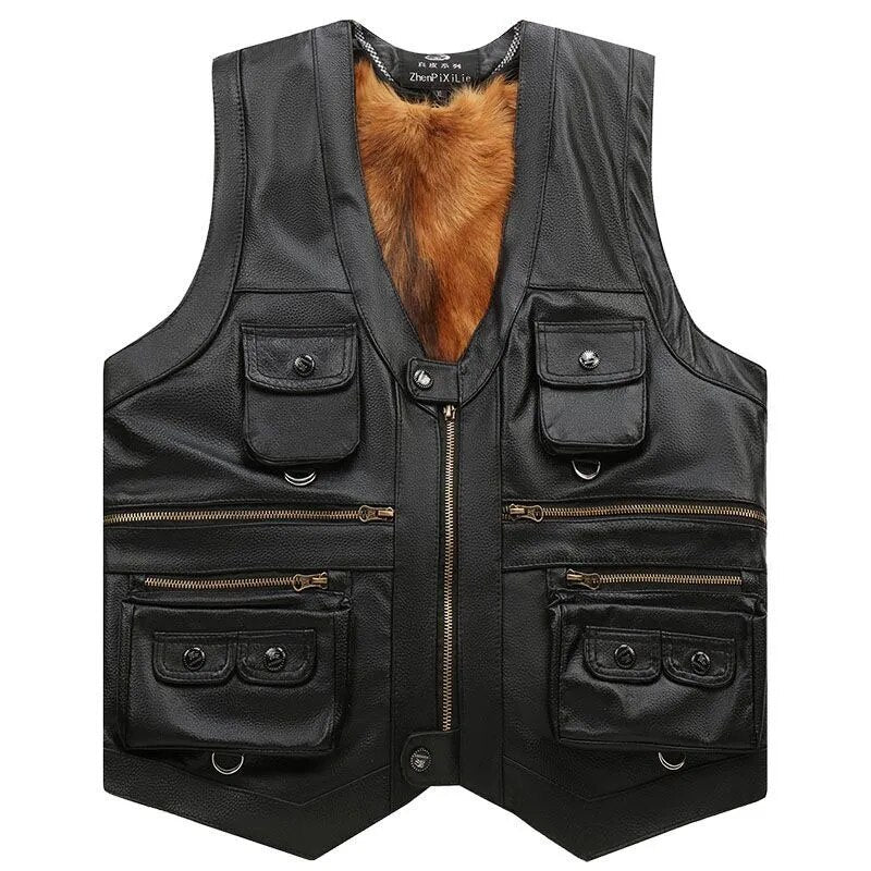 Sleeveless Leather Vest with Zipper Rugged Adventurer Vest for Autumn Winter Outdoor Casual Wear | Sansoti