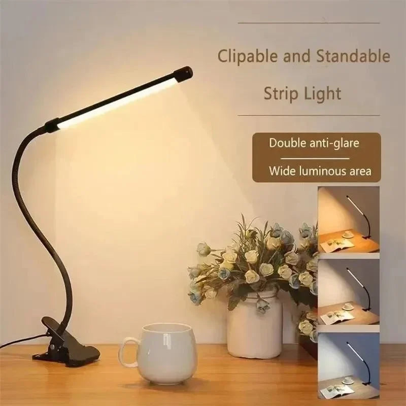 LED-Klemmlampe mit verstellbarem Arm, 3 Lichtstufen, 10 Dimmstufen, USB-Schreibtischlampe, Leselampe, flexible Arbeitsplatzbeleuchtung | Sansoti