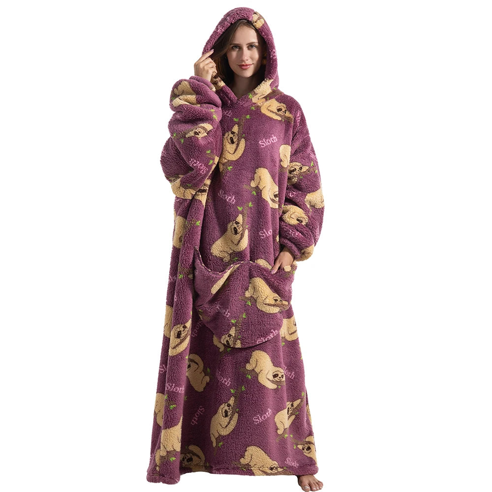 Sherpa Fleece Deken met Mouwen en Capuchon 140cm Draagbare Oversized Huisdeken XXL Comfortabel Warme Deken | Sansoti