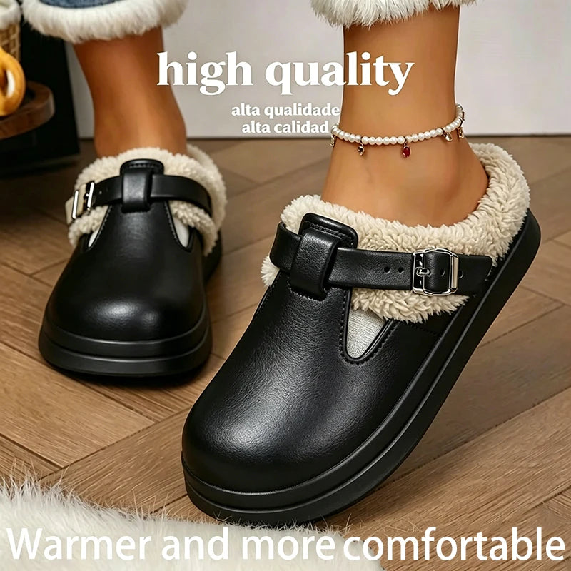 Warme Pantoffels met Pluche Voering Dames Winterslippers Indoor EVA Antislip Zool Metalen Gesp Comfort | Sansoti