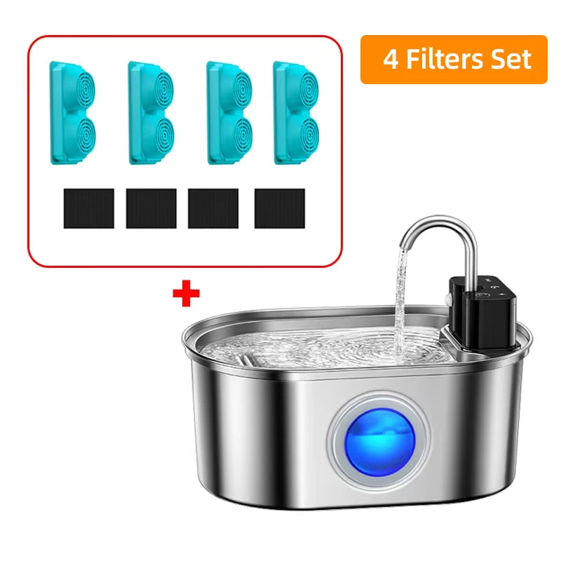 Draadloze Drinkfontein voor Katten RVS 3.2L Met Filter Oplaadbaar Stil Waterdispenser Huisdier Drinkbak | Sansoti