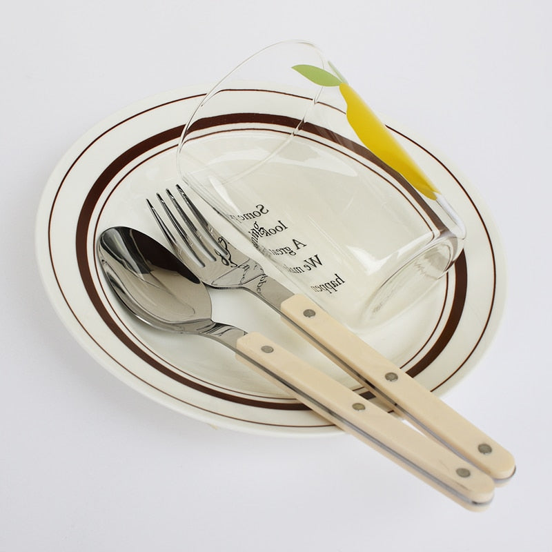 Set de couverts 24 pièces en acier inoxydable avec manche coloré, style bistrot, pour 6 personnes, table de salle à manger, vaisselle et dîner | Sansoti