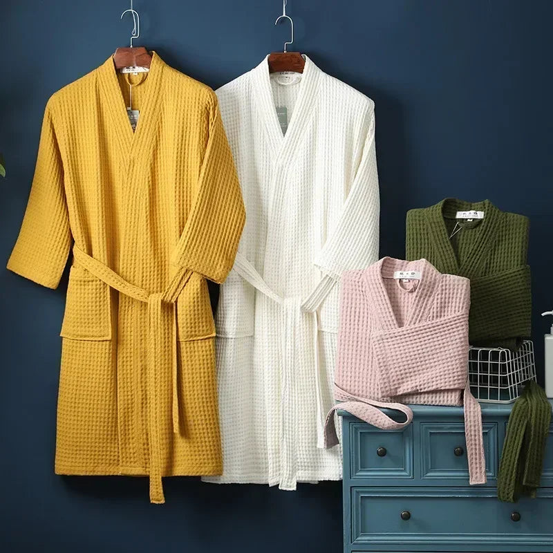 Peignoir en coton gaufré Printemps Été Léger à manches longues pour femme et homme, Spa Hôtel Sauna Bien-être | Sansoti