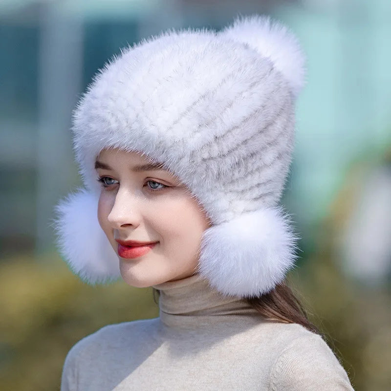 Knitted Fur Hat with Pom-Pom for Women, Warm Winter Hat with Ear Warmers, Spiral Pattern, Luxury Winter Accessory | Sansoti