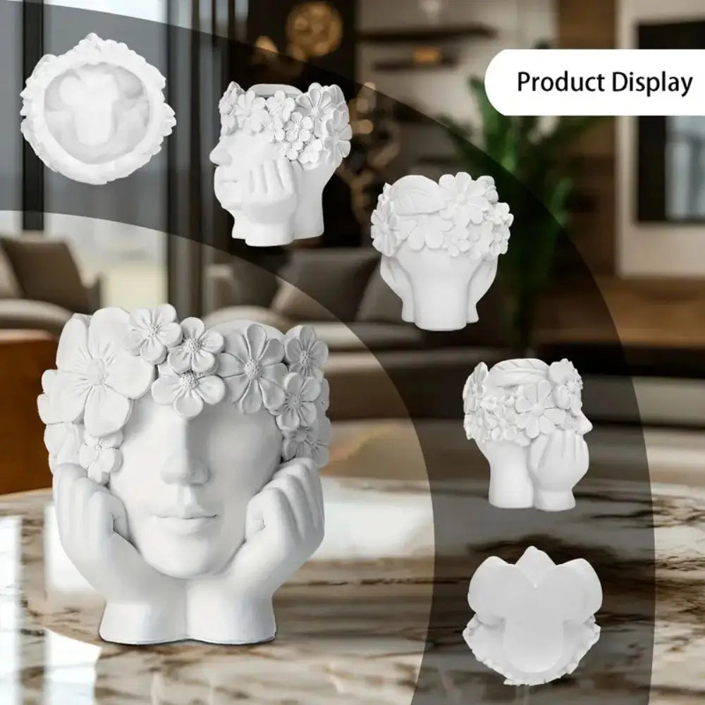 Bloempot Vrouwengezicht Hars Wit 15cm Decoratief Sculptuur Woonkamer Tuin Binnen Buiten Plantenpot Gezicht | Sansoti