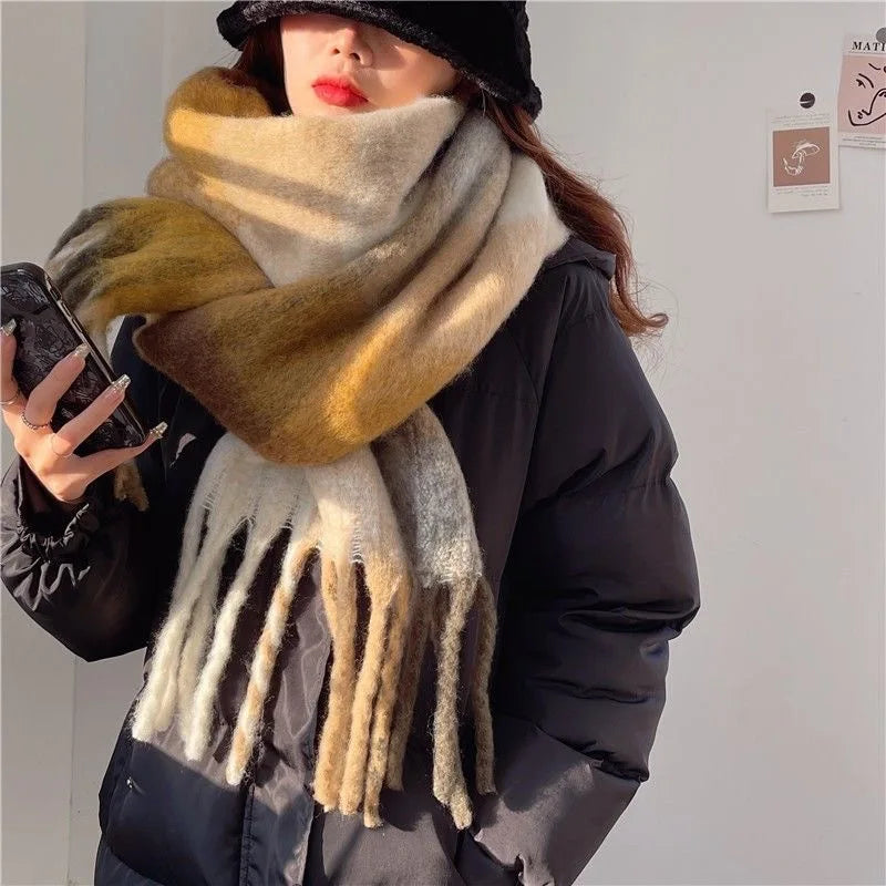 Gradient Winter Scarf Large Size Thickly Woven Warm Wrap with Fringes Soft Scarf for Women 7 Colors | Sansoti