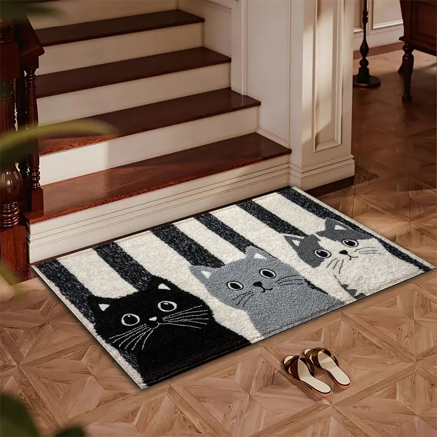 Paillasson Cartoon Chats PVC Noir Blanc Rayé 60x90cm Antidérapant Étanche Tapis de Sol Chambre Salon Hall Paillasson Extérieur | Restfield