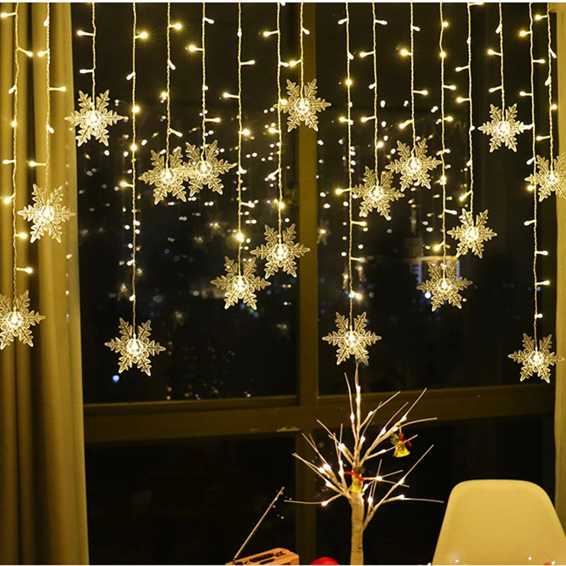 LED-lichtgordijn sneeuwvlok 320cm decoratief met acht standen koperdraad warm wit sfeervol voor feestverlichting | Sansoti
