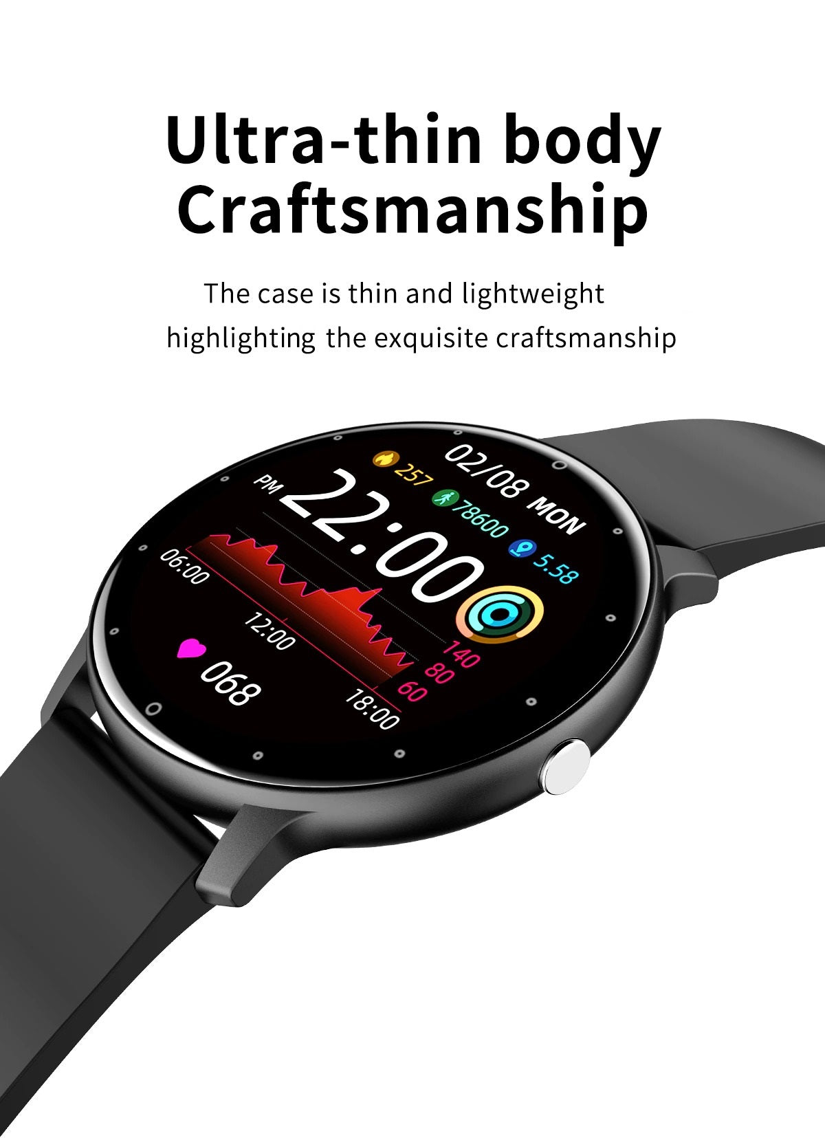 Ultraslanke Smartwatch Fitness Tracker Hartslagmeter Stappenteller Waterdicht IP67 Sport Horloge Activiteit | Sansoti