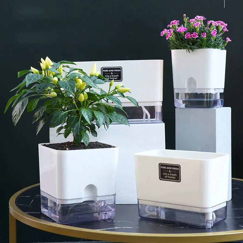 Zelfwaterende Bloempot Magnetisch Wit Kunststof Dubbeldeks Vensterbank Woonkamer Kantoor Plantenpot Hydrocultuur Binnen | Sansoti