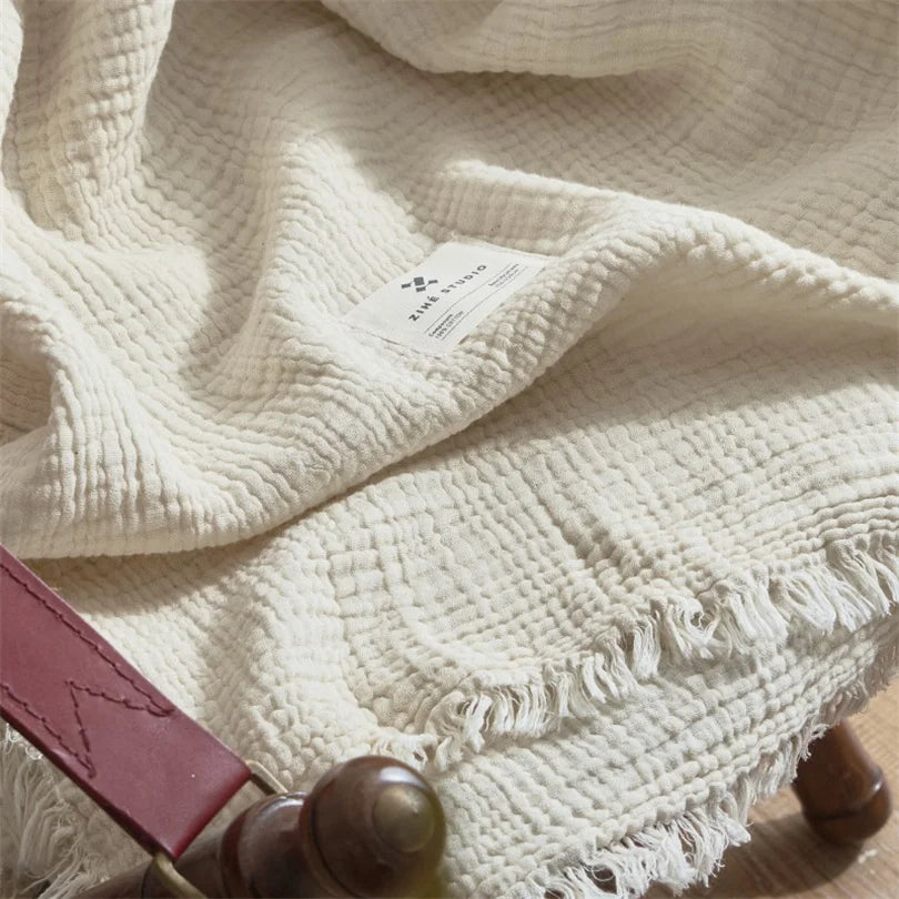 Cotton Throw 6 Layers Soft Breathable Fringed Knitted Blanket Bed Sofa Lightweight Summer Throw Mussel Beige Knitted Bedspread | Sansoti