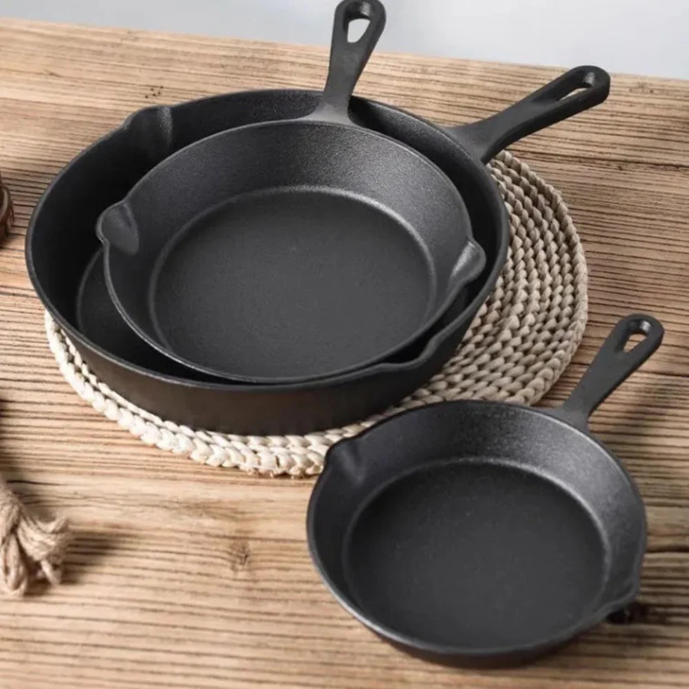 Gietijzeren Koekenpannenset 3-delig 16-20-26cm Inductie Gasfornuis Ongecoat Braadpan Omeletpan Roerbakpan Zwart | Sansoti