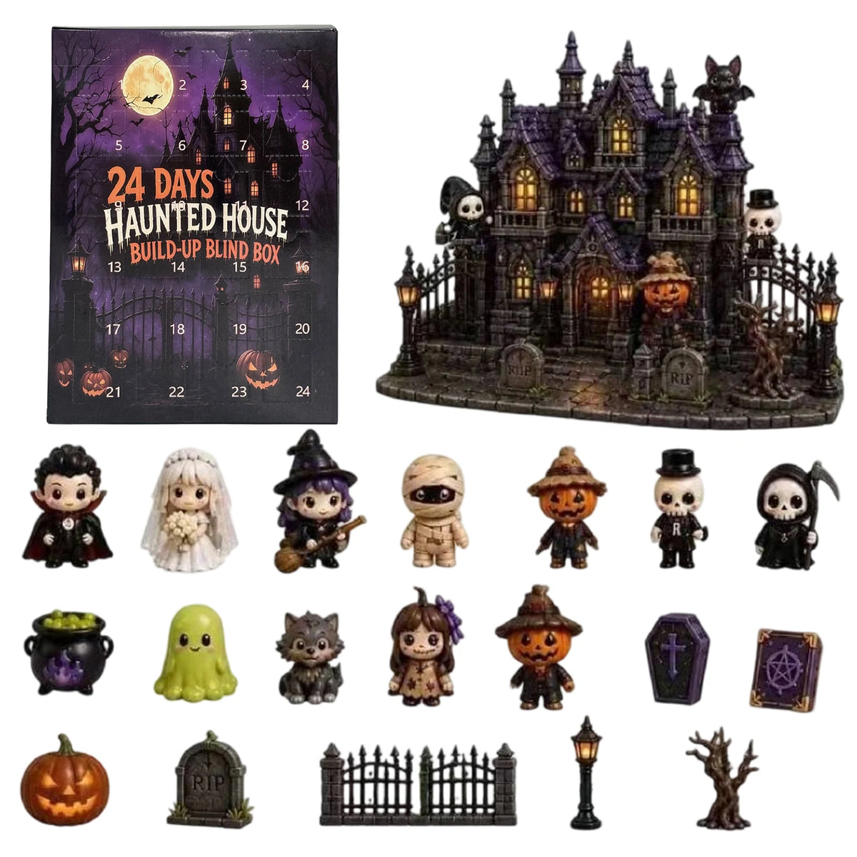 Adventskalender Halloween 24 Vakken PVC Figuren Spookhuis Thema Decoratie Countdown Kinderen Verzamelbaar | Sansoti