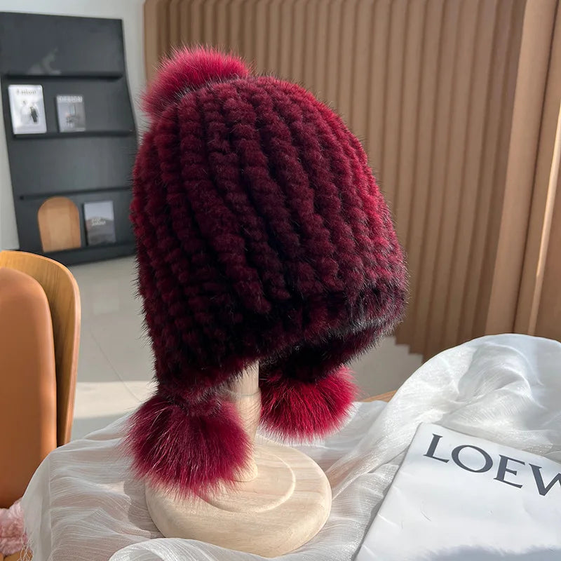 Knitted Fur Hat with Pom-Pom for Women, Warm Winter Hat with Ear Warmers, Spiral Pattern, Luxury Winter Accessory | Sansoti