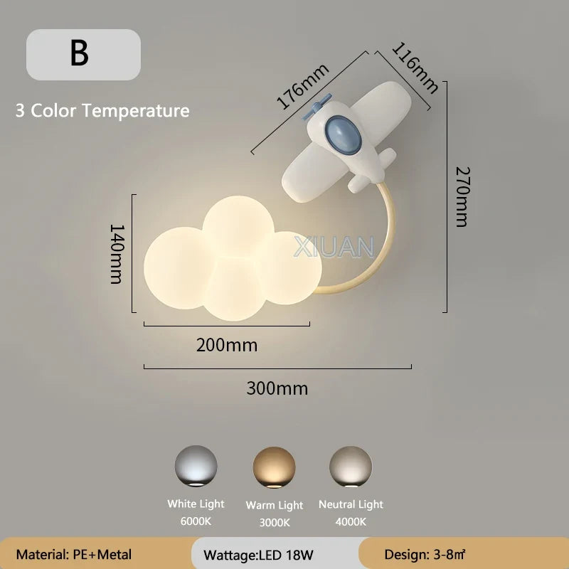LED Wandlamp Kinderkamer met Vliegtuig Wolk Regenboog Ster Motief Drie Lichttemperaturen Dimbaar Sfeerlicht | Sansoti