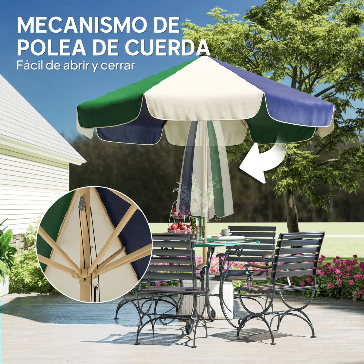 Parasol de jardin Ø230cm bicolore vert foncé crème UPF30+ système à poulie abri de terrasse plage jardin balcon | Sansoti