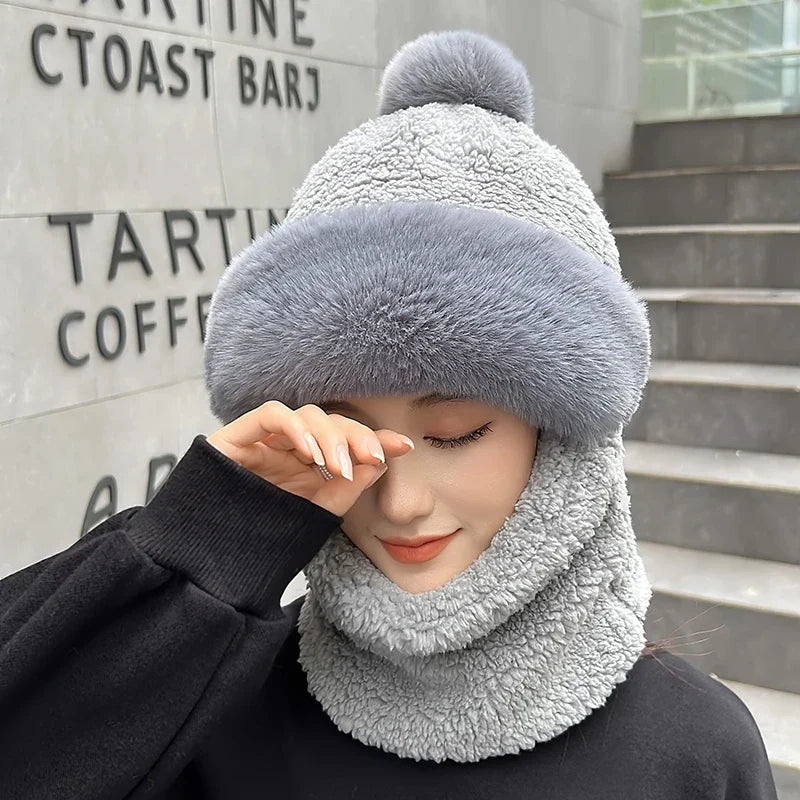 Plüsch Multifunktionale Mützen-Schal-Kombination Winterwarme gestrickte Kopfbedeckung für kaltes Wetter Outdoor-Accessoire | Sansoti