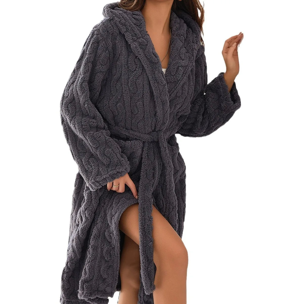 Damesbadjas van fleece met capuchon, donszacht, warme loungewear, kamerjas met lange mouwen, comfortabele ochtendjas | Sansoti