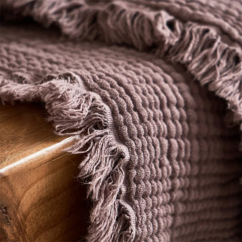 Cotton Throw 6 Layers Soft Breathable Fringed Knitted Blanket Bed Sofa Lightweight Summer Throw Mussel Beige Knitted Bedspread | Sansoti