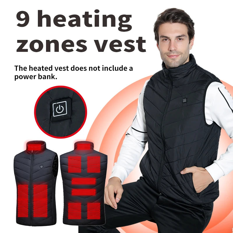 Heated Men's Vest 9 Heating Zones USB Winter Vest Outdoor Casual Thermal Lined Warm Vest | Sansoti