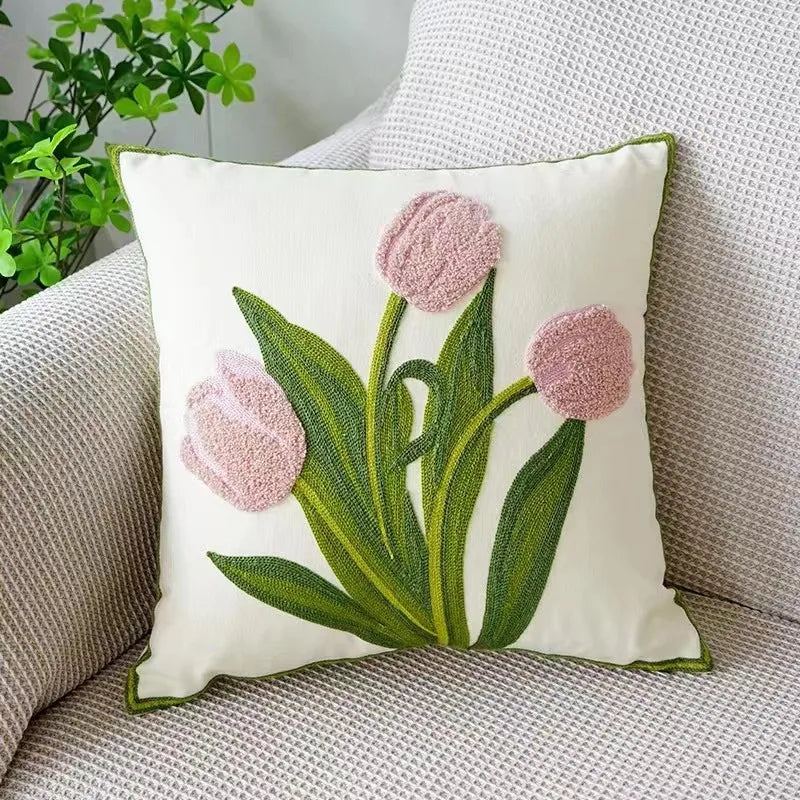 Kussenhoes 45x45cm Katoen Canvas Geborduurd Bloemen Wit Sierkussenhoes Bank Slaapkamer Landelijke Stijl Decoratief | Sansoti