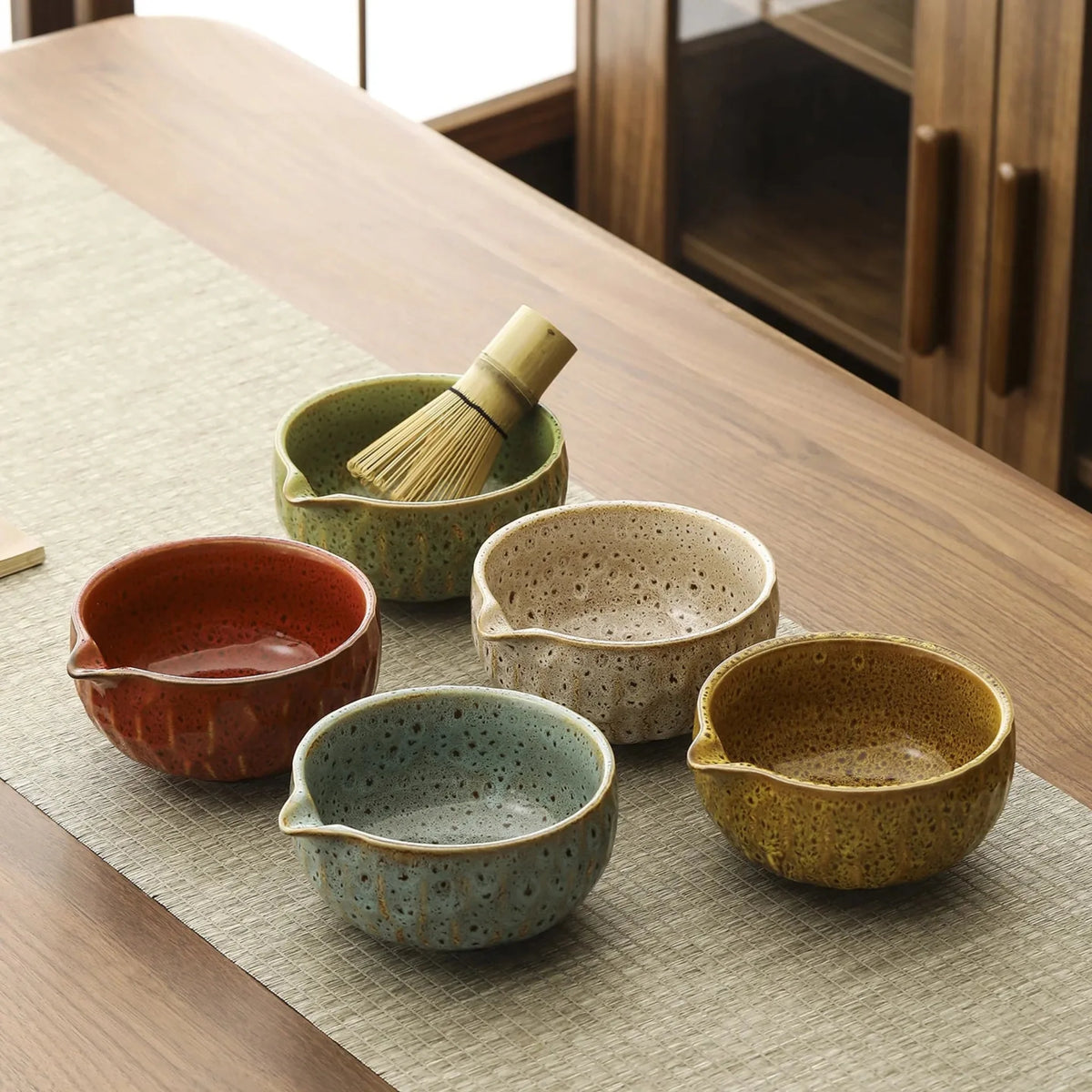 5-Piece Ceramic Bamboo Matcha Ceremony Set, Traditional Japanese Tea Set with Bowl, Whisk, Sifter, Spoon and Tea | Sansoti