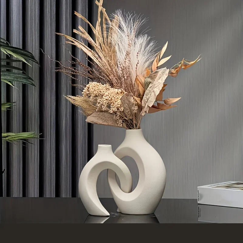 Keramische Vaas Set 2 Stuks Wit Boho Modern Woonkamer Decoratie Droogbloemen Minimalistisch Interieur | Sansoti