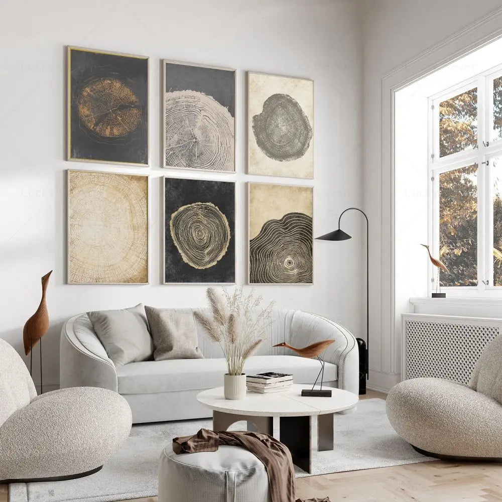 Abstract Canvas Schilderij met Boomringen Patroon - Moderne Wanddecoratie - Natuurlijke Kunst voor Woonkamer en Slaapkamer | Sansoti