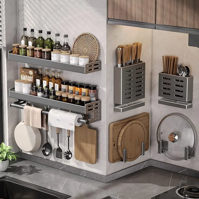 Keuken Wandrek Aluminium 30-50cm Gunmetal Kruidenrek Zonder Boren Ophangrek Keukenorganizer Messenhouder Wandmontage | Sansoti