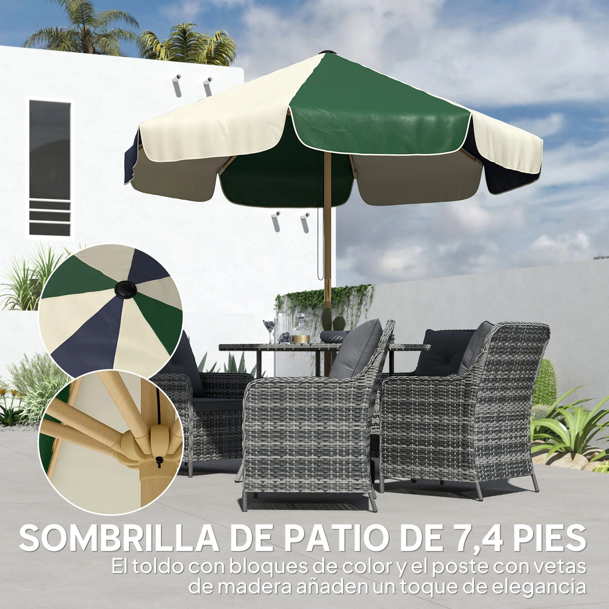 Parasol de jardin Ø230cm bicolore vert foncé crème UPF30+ système à poulie abri de terrasse plage jardin balcon | Sansoti