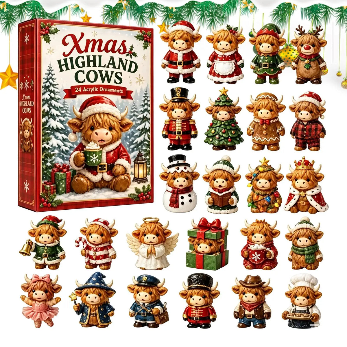 Advent calendar with 24 cow ornaments, Christmas countdown decorations and hangers for the Christmas tree, home and holidays | Sansoti
