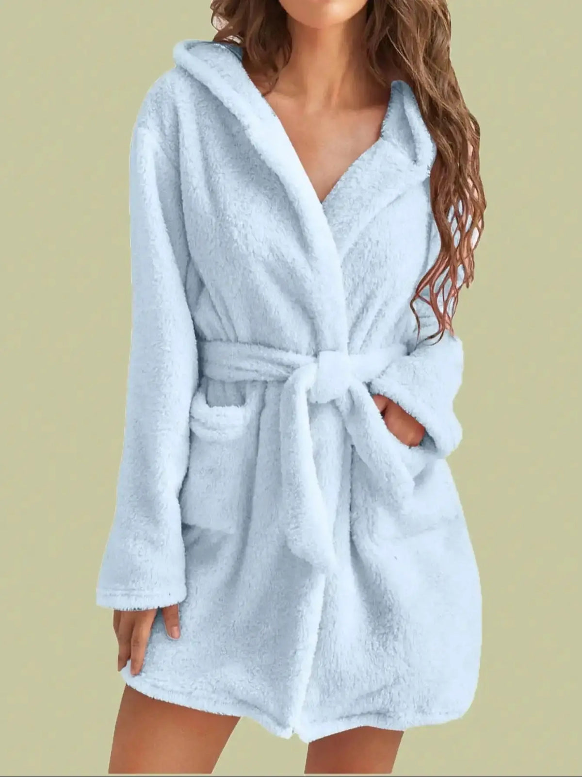 Fleece-Hausmantel für Damen mit Kapuze, Gürtel, knielang, Loungewear, warmer Bademantel, Winter-Hausmantel, Herbst, weicher Morgenmantel | Sansoti