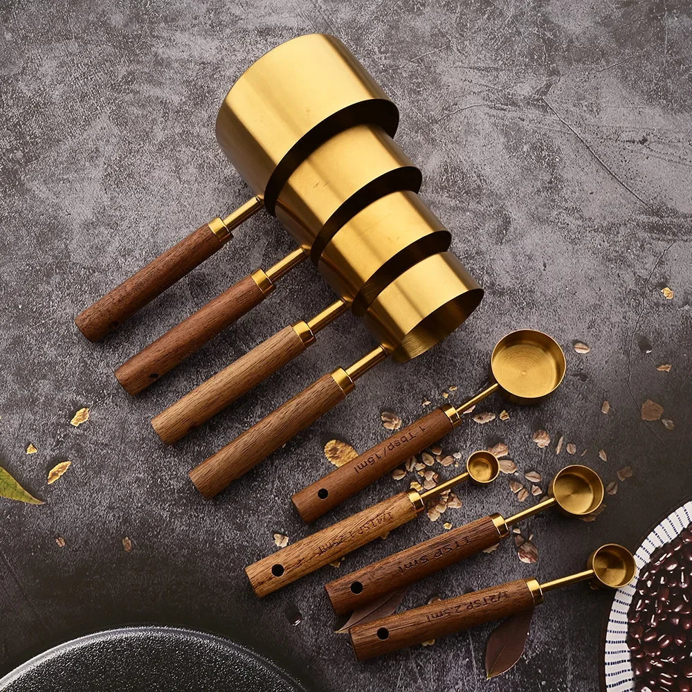 Rustiek Edelstalen Maatlepelset 8-Delig met Houten Handgrepen voor Keuken en Bakken | Sansoti