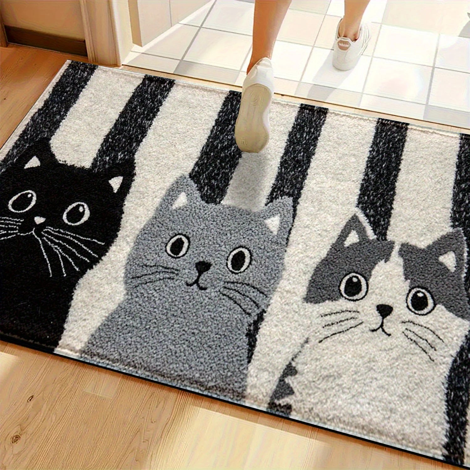 Fußmatte Cartoon Katzen PVC Schwarz Weiß Gestreift 60x90cm Rutschfest Wasserdicht Fußabtreter Schlafzimmer Wohnzimmer Flur Außentürmatte | Restfield